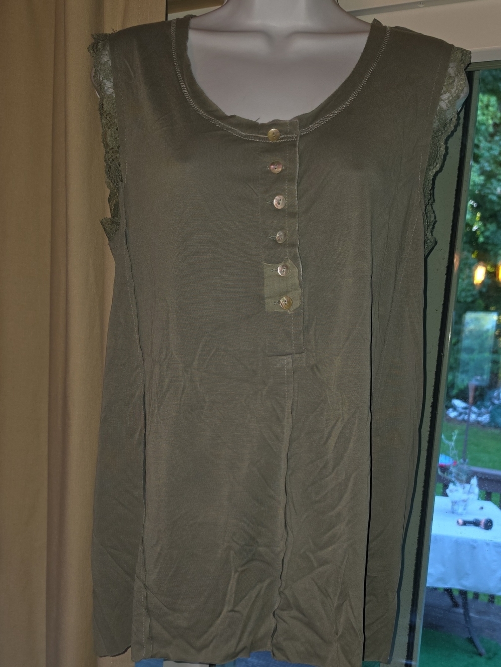 POL Olive Lace-Trim Button Henley Tank